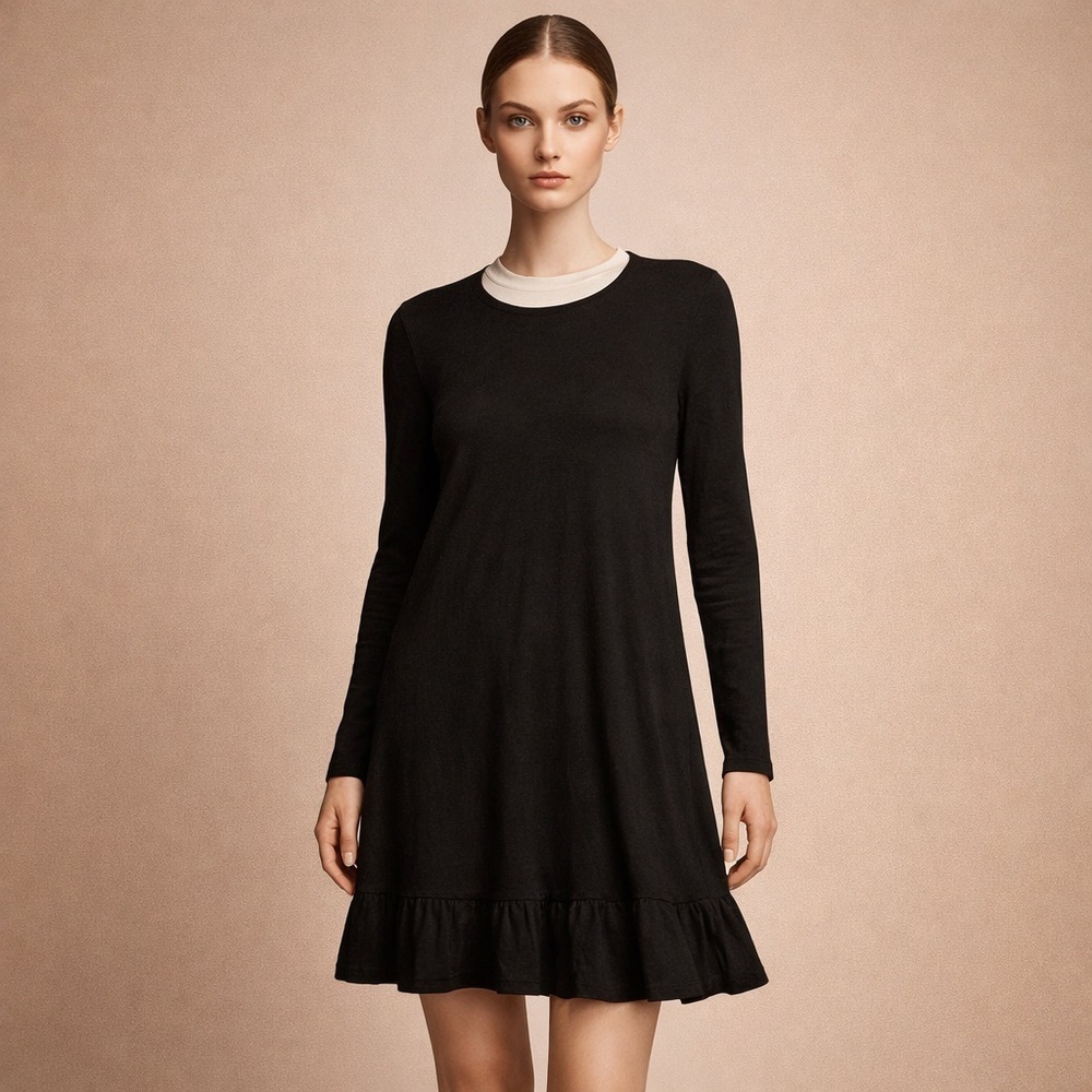 Black Long-Sleeve Ruffle-Hem Dress - Women